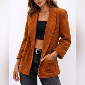 100% Suede Leather Jacket Rust Whipstitch Trim Oversized Blazer Coat Size Small